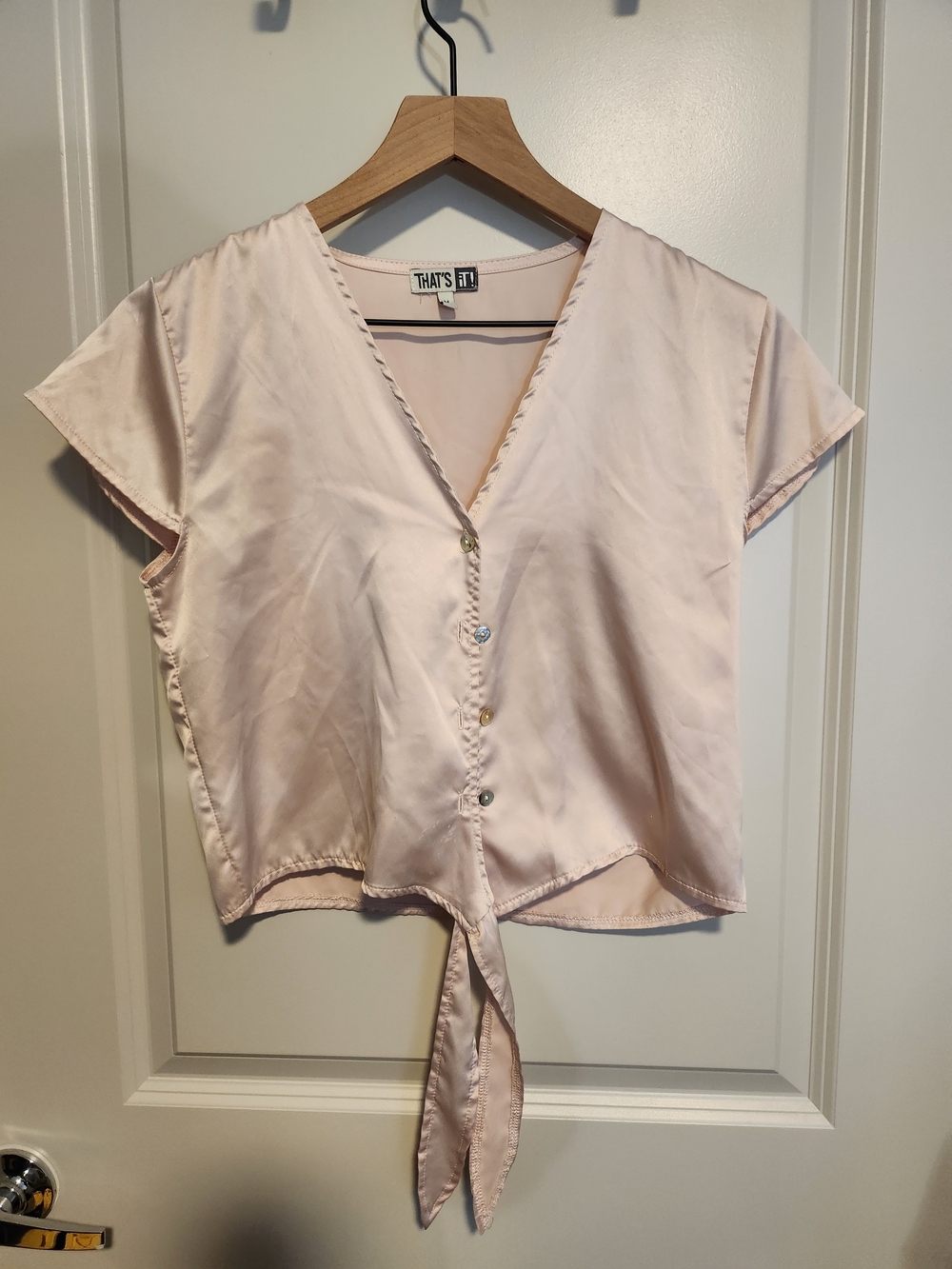 That's It! Blush Pink Satin Tie-Front Button V-Neck Top